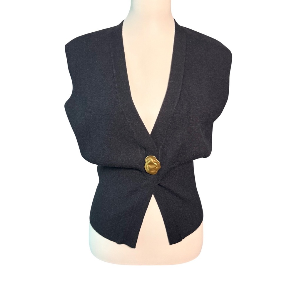 NWT Commense XS Black V Neck Gold Rose Button Cinched Waist Knit Sweater Vest